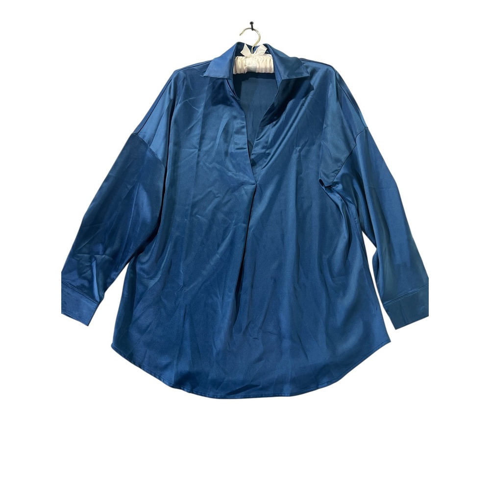 Blue Satin Long Sleeve Top Plunge Neckline Oversized Blouse